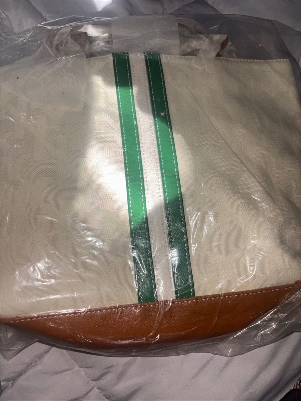 NY Canvas Tote Bag with Green Stripe and Brown Trim